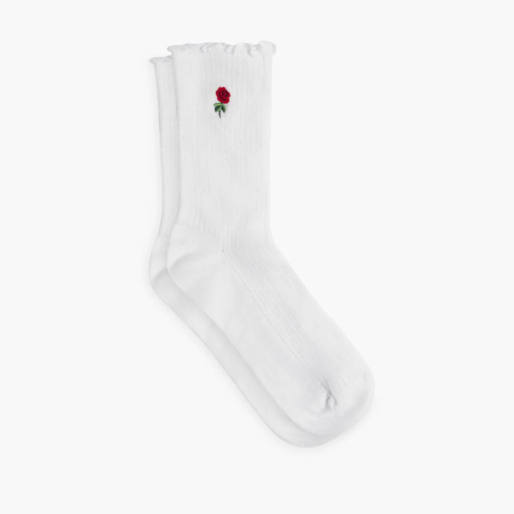 Women’s Ruffle Rib Quarter Sock | White x Rose Embroidery